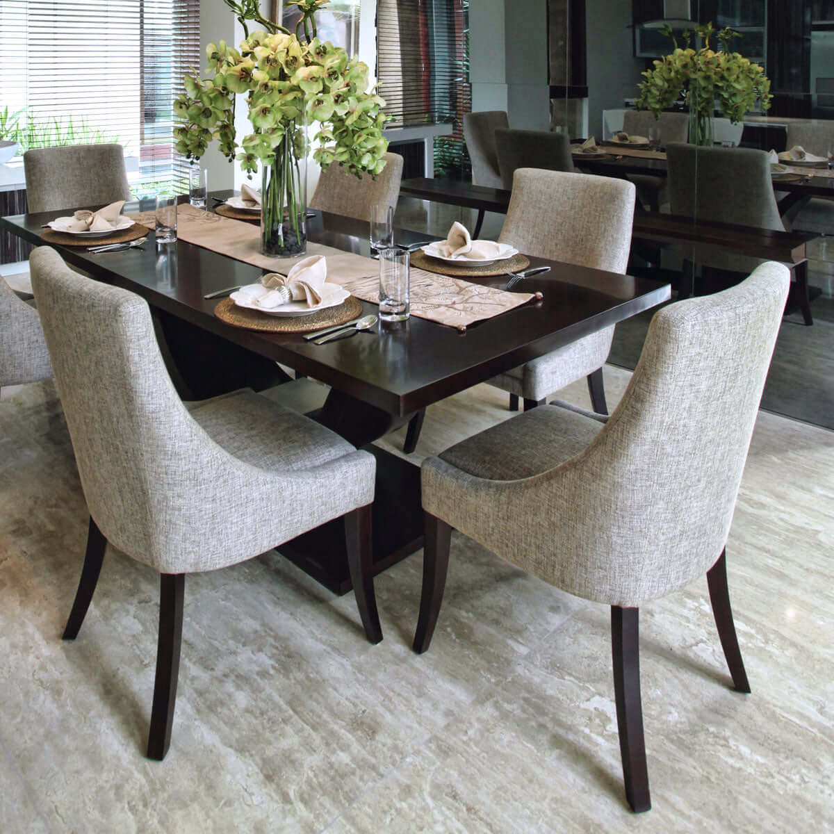 dining room table and chairs with wood legs and glossy surface