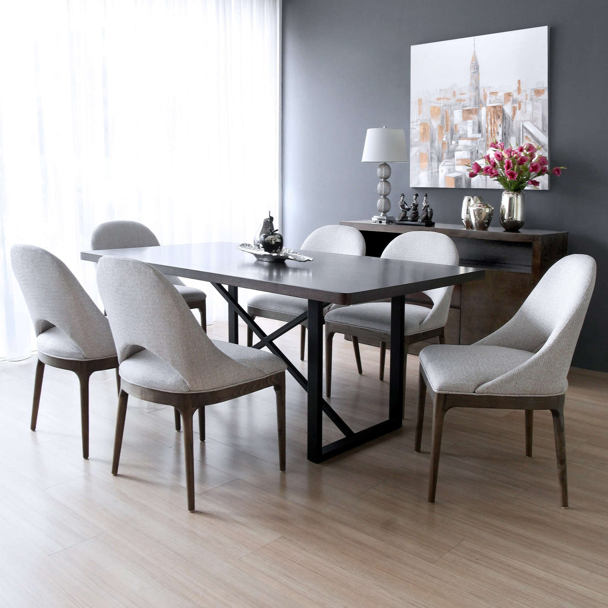 a slim and chic dining chair from the slimline collection in a room view